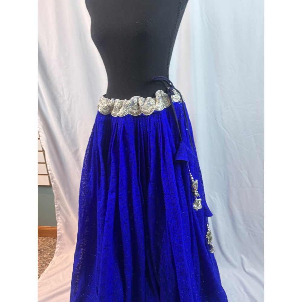 Royal Blue Chikankari Sequin Lehenga Skirt Silver Scalloped Waist Latkan Tassels - Picture 3 of 10